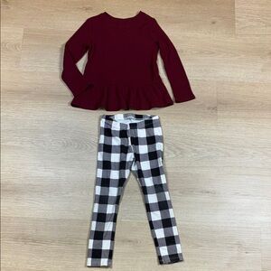 Cat & Jack Burgundy Ribbed Peplum Top & Black White Buffalo Plaid Leggings 4T